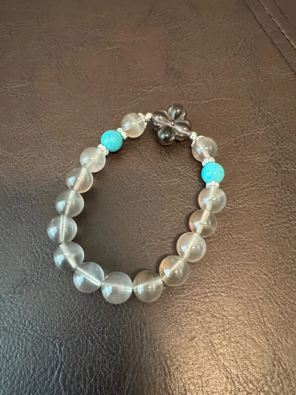 Clear Quartz Beaded Bracelet with Turquoise Accent and Flower Charm